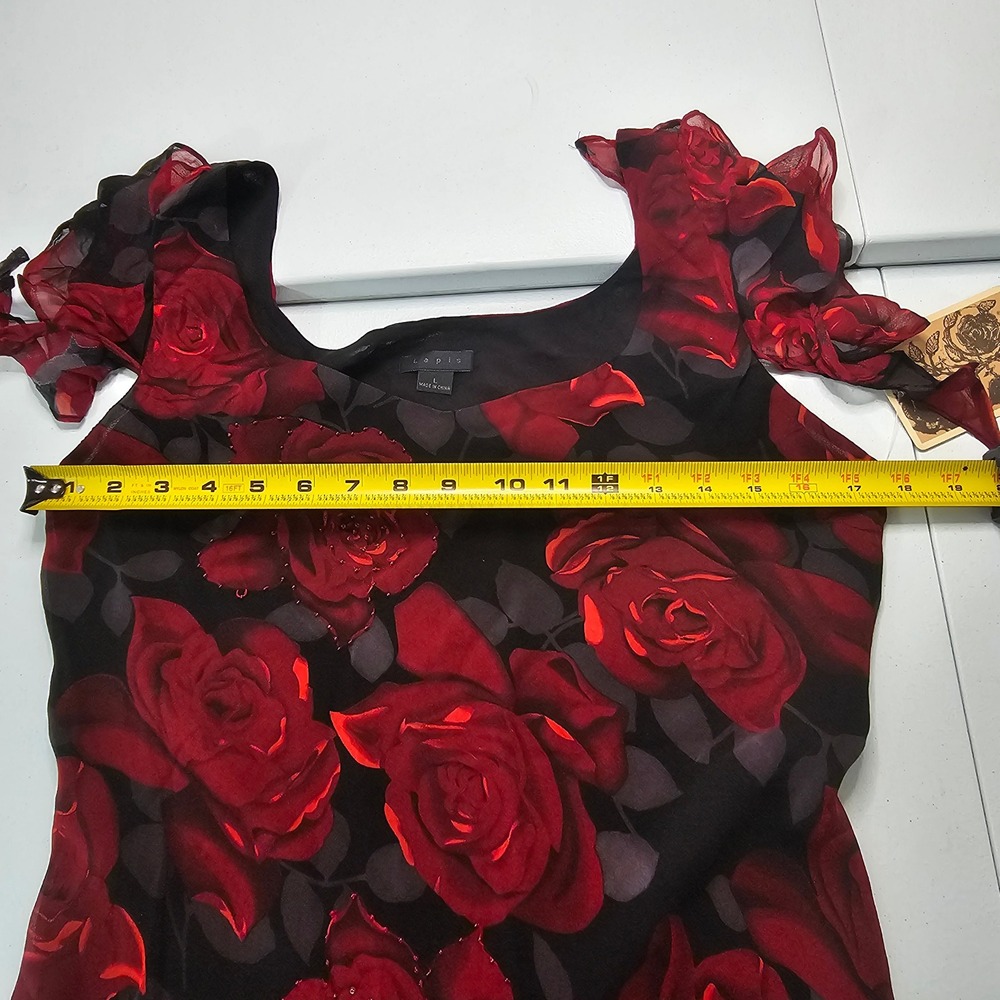 Vintage Lapis Silk Bias Rose Maxi Dress L Black Red Hanky Hem Whimsigoth Y2K NWT - Picture 13 of 16
